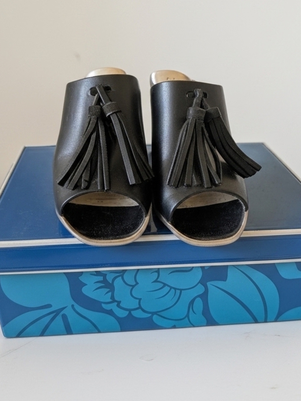 Seychelles Black Leather Tassel Open-Toe Mules